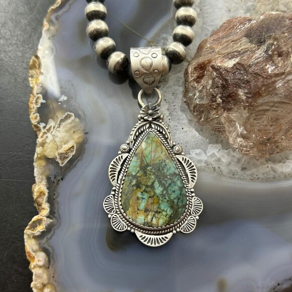 Sterling Silver Southwestern Style Teardrop Turquoise Pendant For Women - Picture 1 of 10